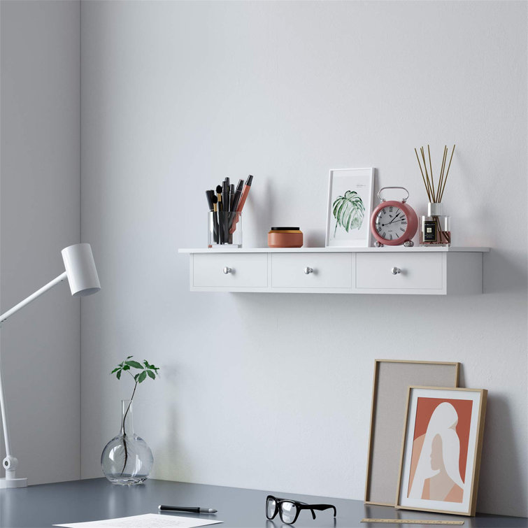 17 Stories Floating Wall Shelf With 3 Drawers Hallway Storage Shelf 80 X 15 X 10 Cm Living Room Bedroom Kitchen High Gloss Paint White Wayfair